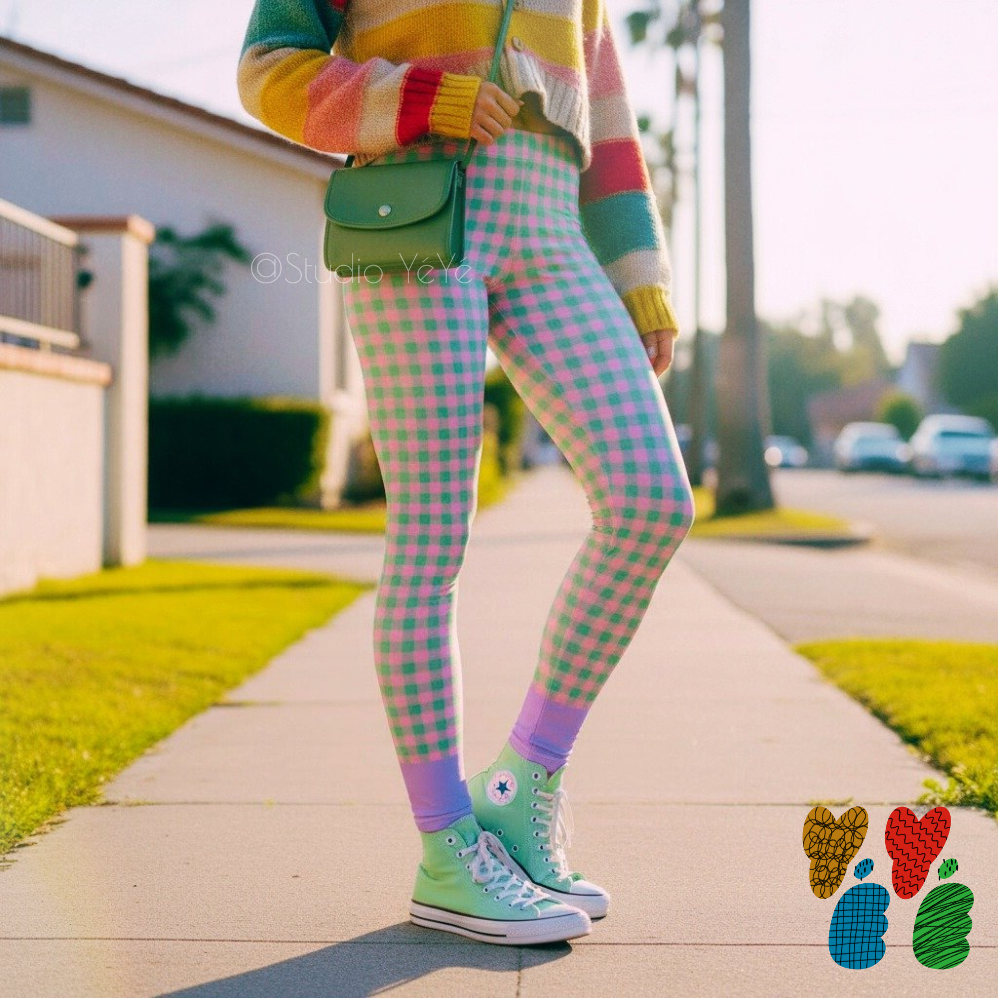 Leggings à carreaux vichy - Vert menthe + Rose pastel