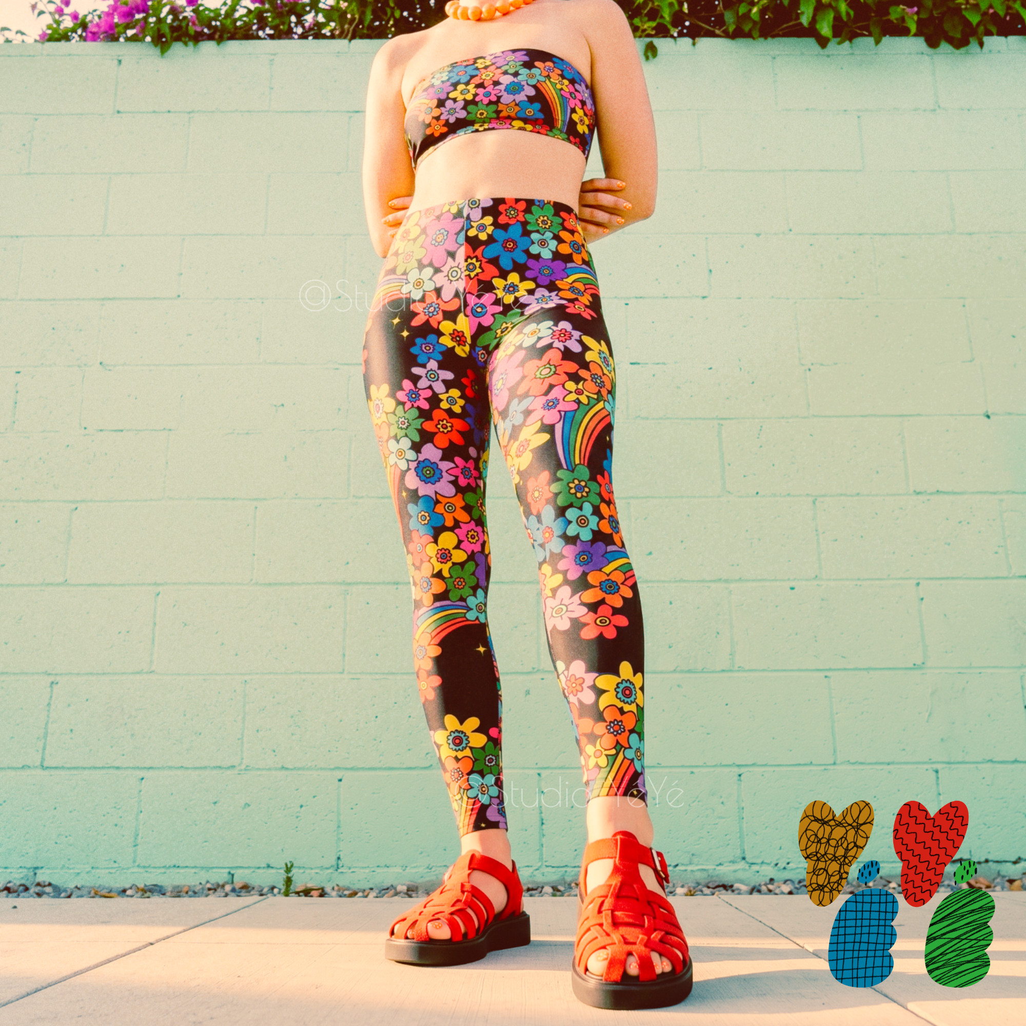 Retro 60s rainbow floral print leggings for women