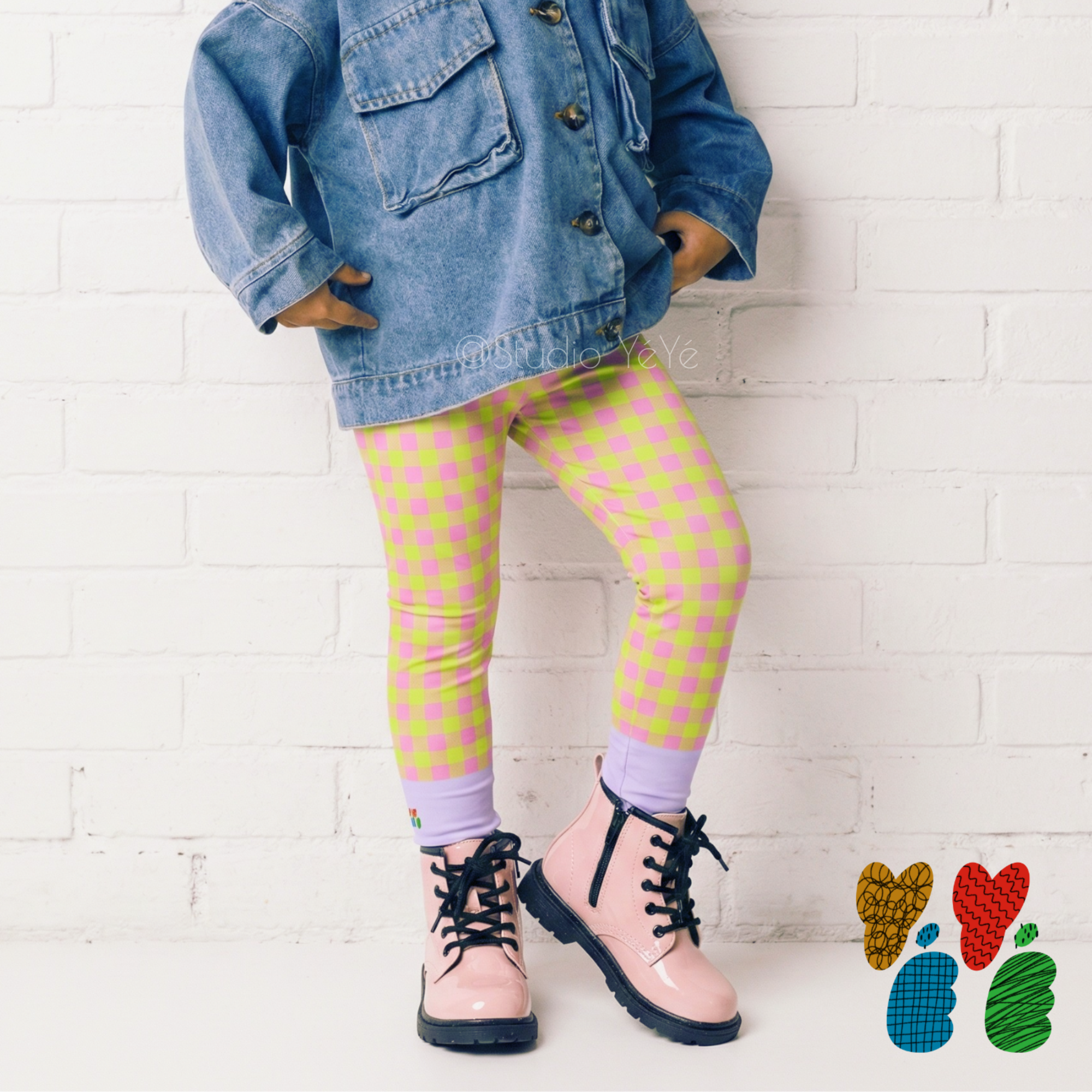 Gingham KIDS Leggings - NEON YELLOW + PINK