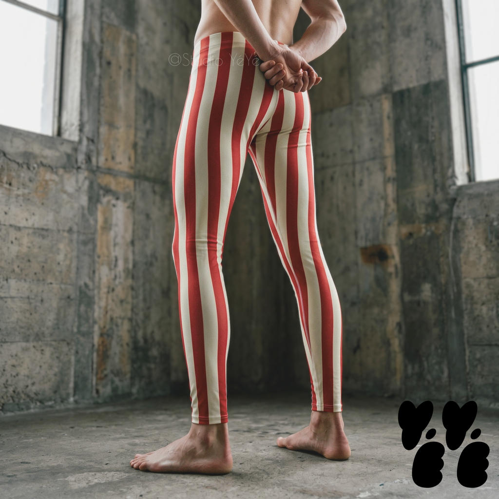 A male model wears bold red and white stripe leggings, circus core, clown core costume