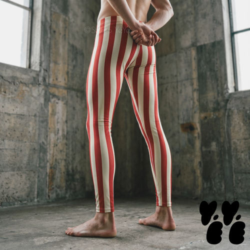 A male model wears bold red and white stripe leggings, circus core, clown core costume