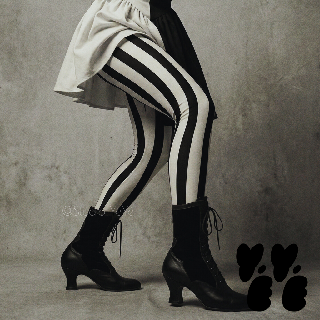 Black and white bold vertical stripe leggings by YéYé, styled with a black and white puff sleeve mini dress and black Victorian lace-up heeled boots