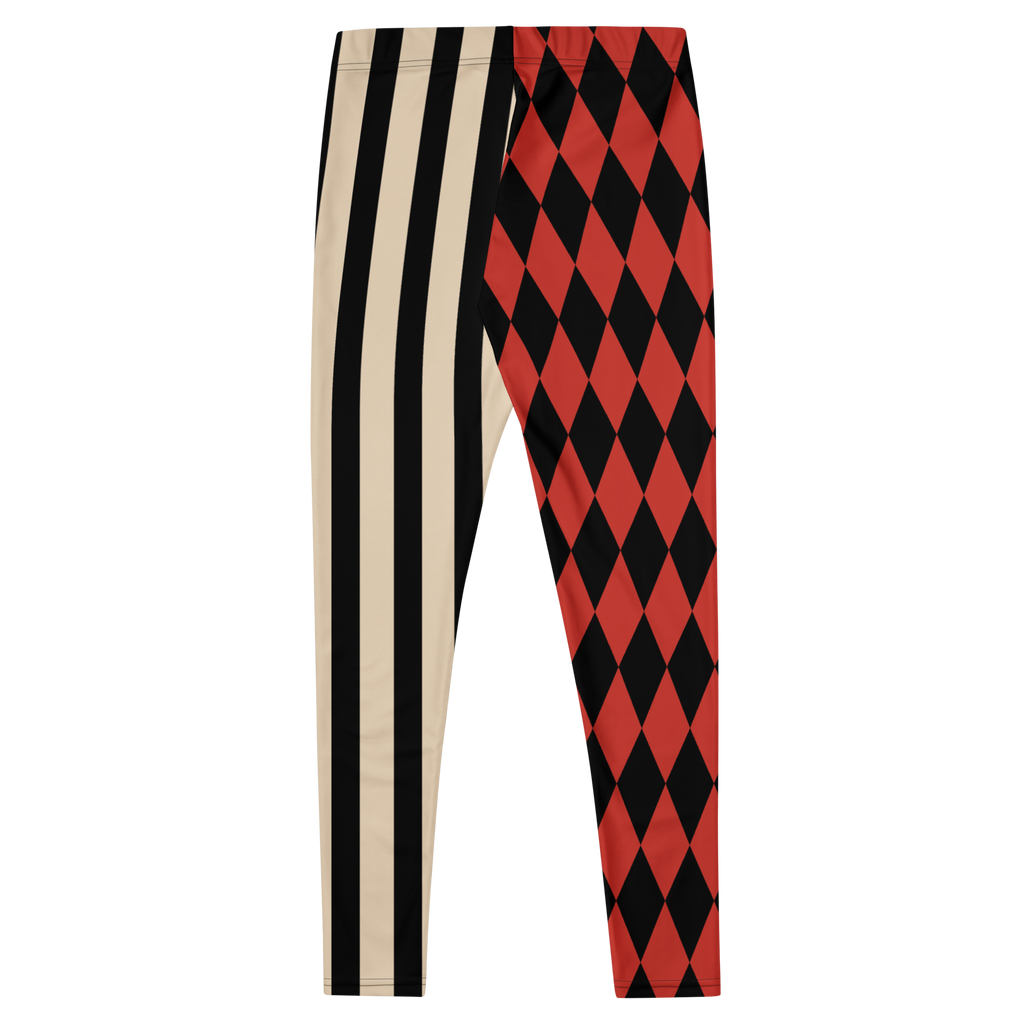 Harlequin-Jester-Vintage-Red-Off-White-Mismatched-Stripe-Leggings-Flat-Back