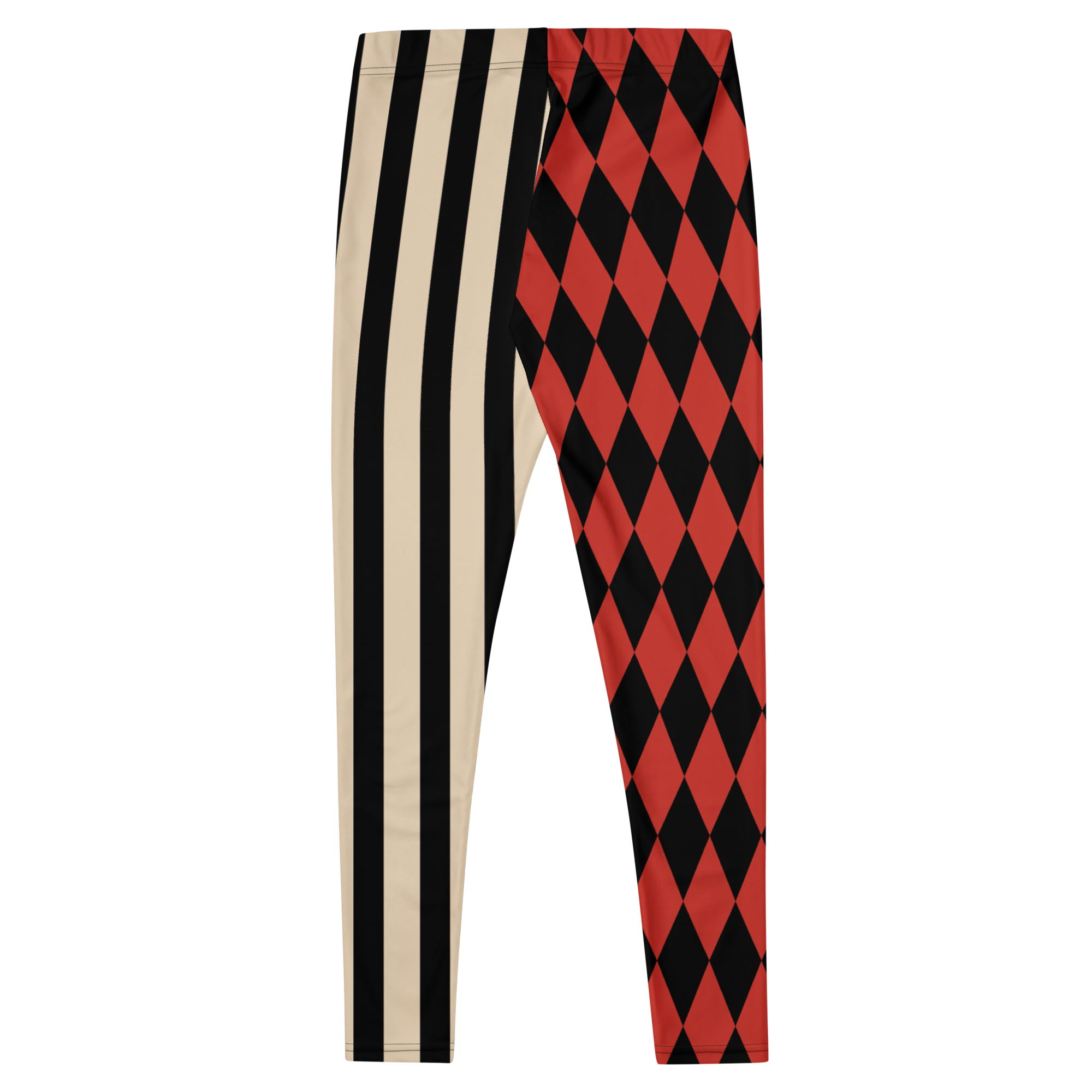 Harlequin-Jester-Vintage-Red-Off-White-Mismatched-Stripe-Leggings-Flat-Back