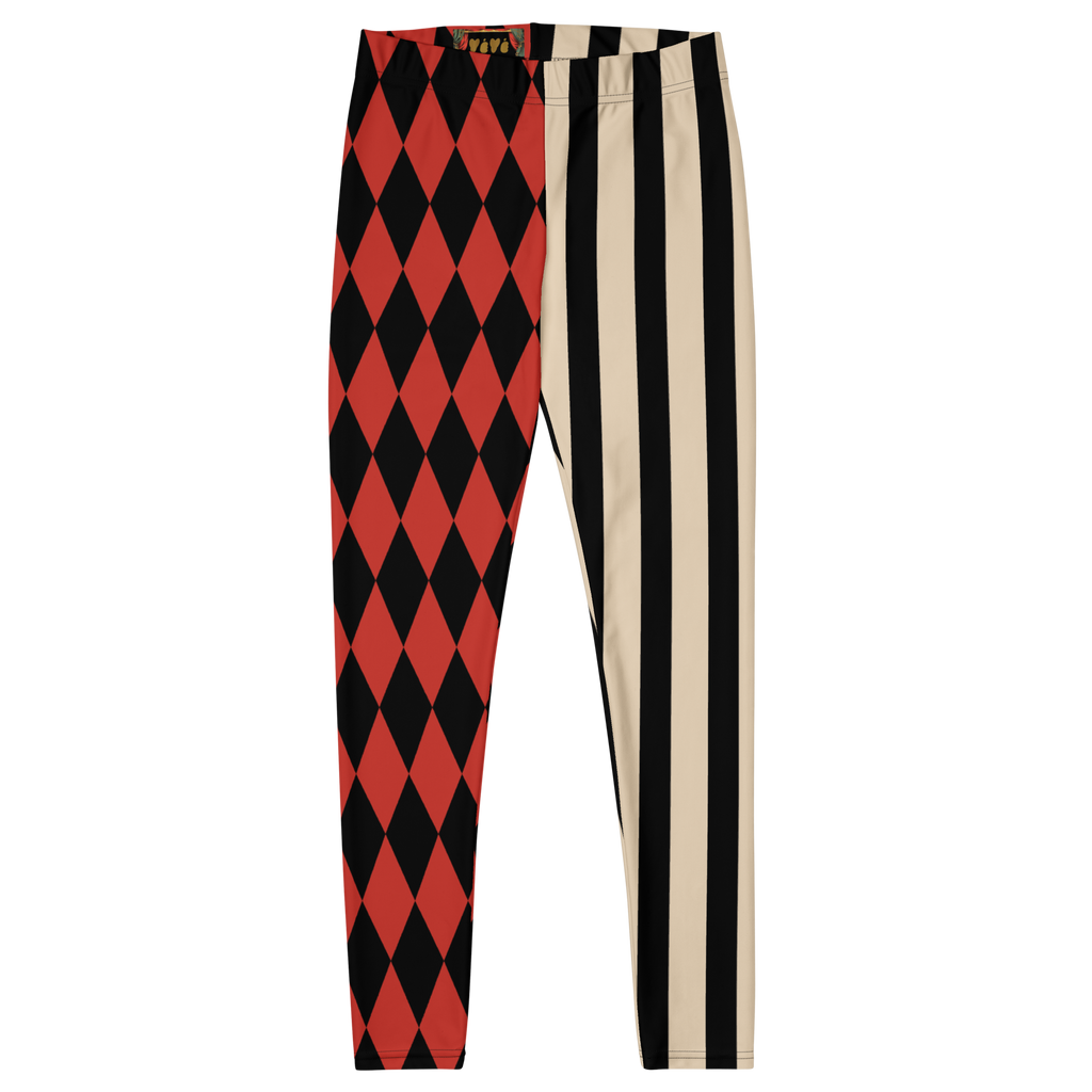 Harlequin-Jester-Vintage-Red-Off-White-Mismatched-Stripe-Leggings-Flat-Front