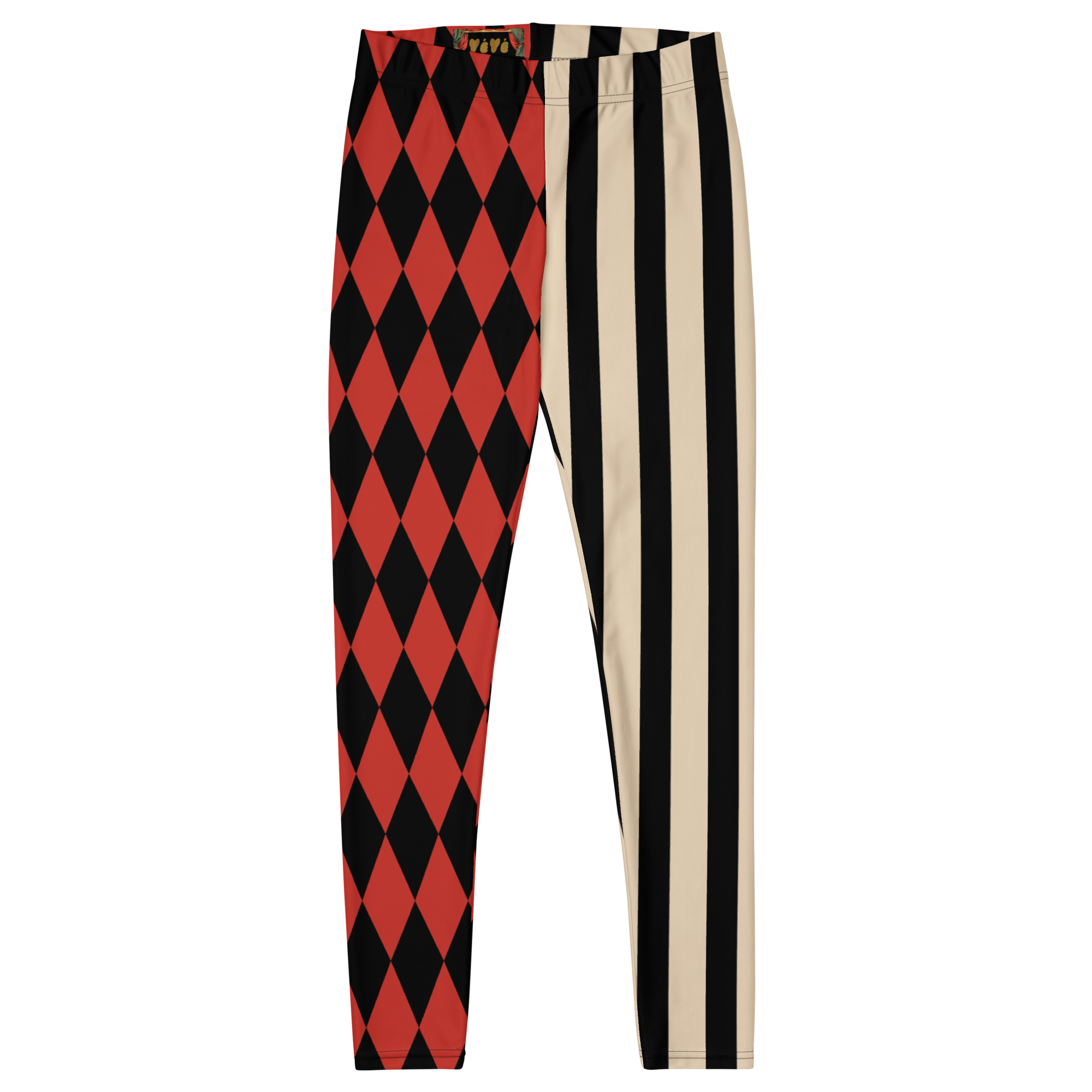 Harlequin-Jester-Vintage-Red-Off-White-Mismatched-Stripe-Leggings-Flat-Front