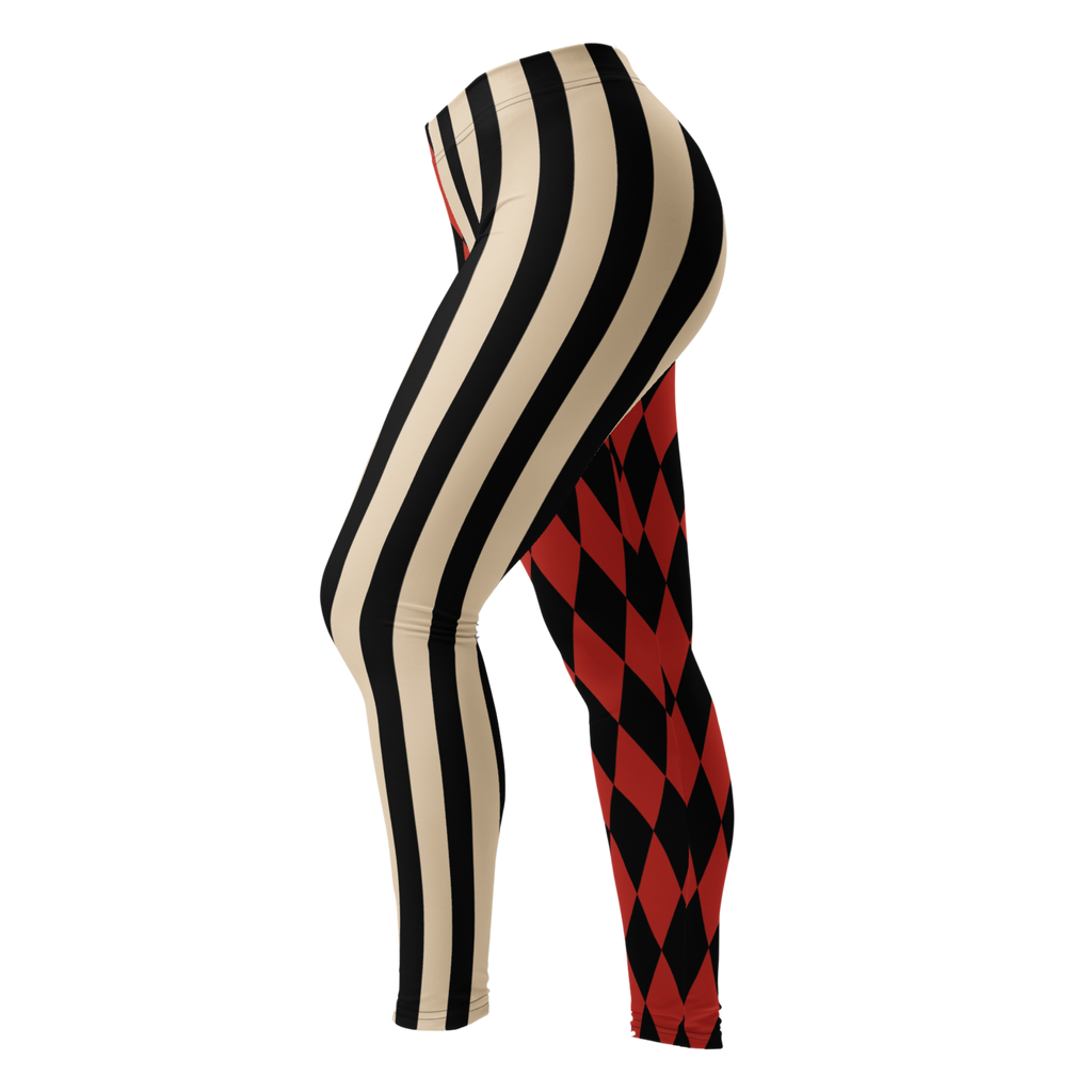 Harlequin-Jester-Vintage-Red-Off-White-Mismatched-Stripe-Leggings-Side