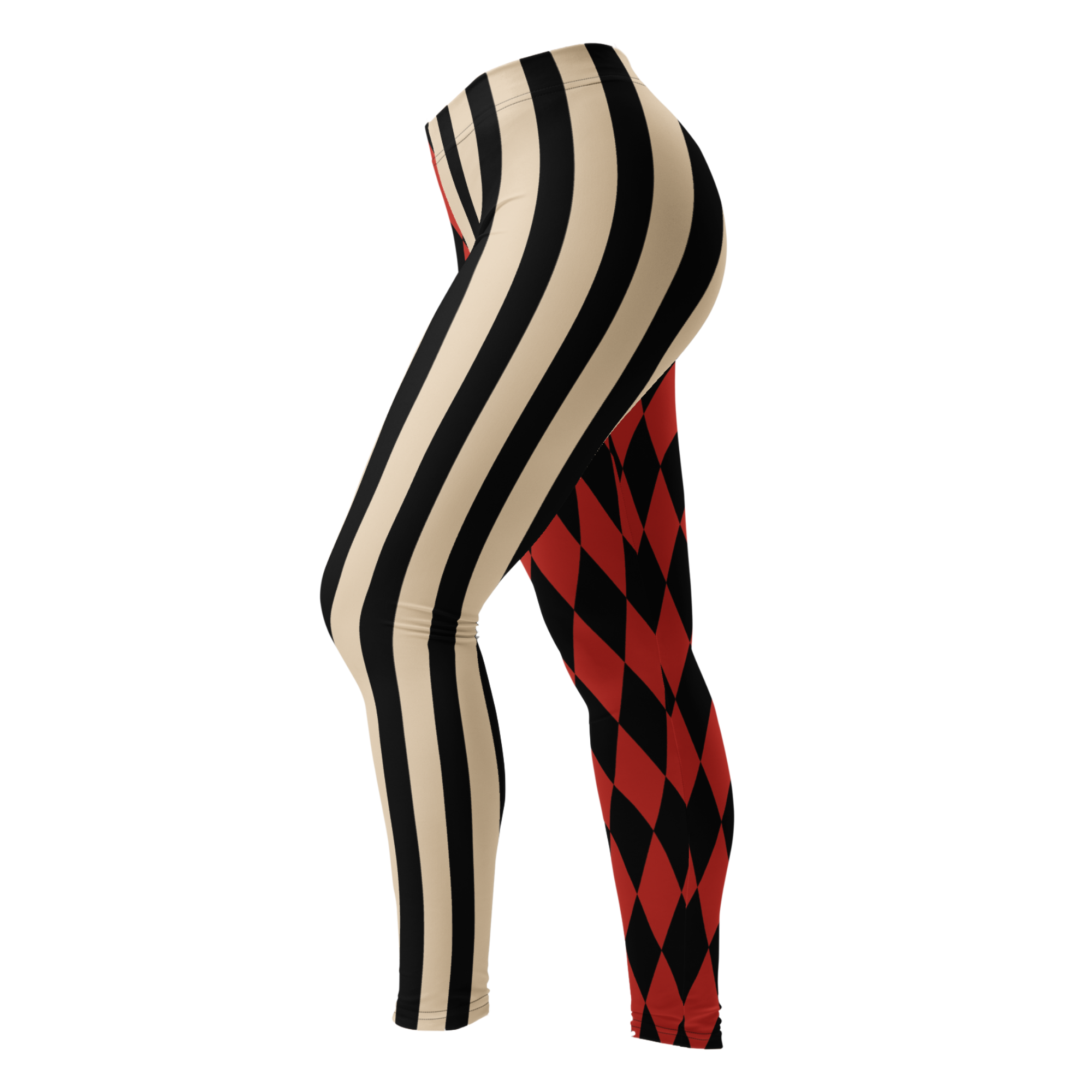 Harlequin-Jester-Vintage-Red-Off-White-Mismatched-Stripe-Leggings-Side