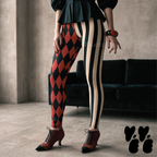 Harlequin-Jester-Vintage-Red-Off-White-Mismatched-Stripe-Leggings