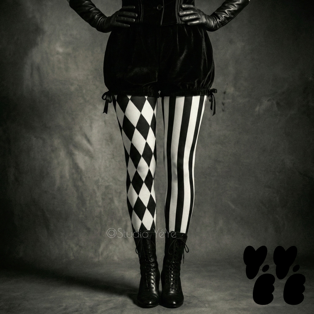 A circus performer wears velvet broomer with black and white jester tights with classic victorian boots