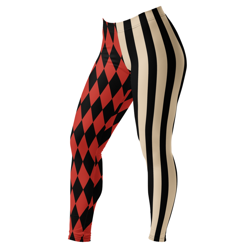 Harlequin-Jester-Vintage-Red-Off-White-Mismatched-Stripe-Leggings-Front