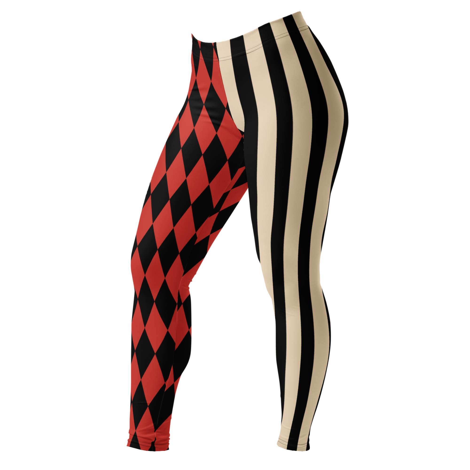 Harlequin-Jester-Vintage-Red-Off-White-Mismatched-Stripe-Leggings-Front