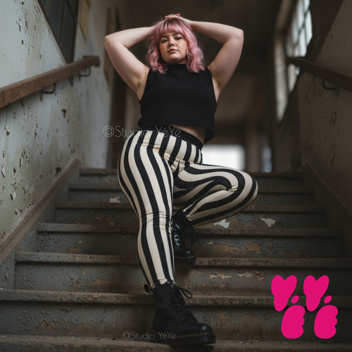 A pink hair plus size female model wears size 2XL circus stripe leggings in black and white