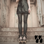 Dark damask print leggings by YéYé, styled with a satin mini dress with vivienne westwood rocking horse shoes