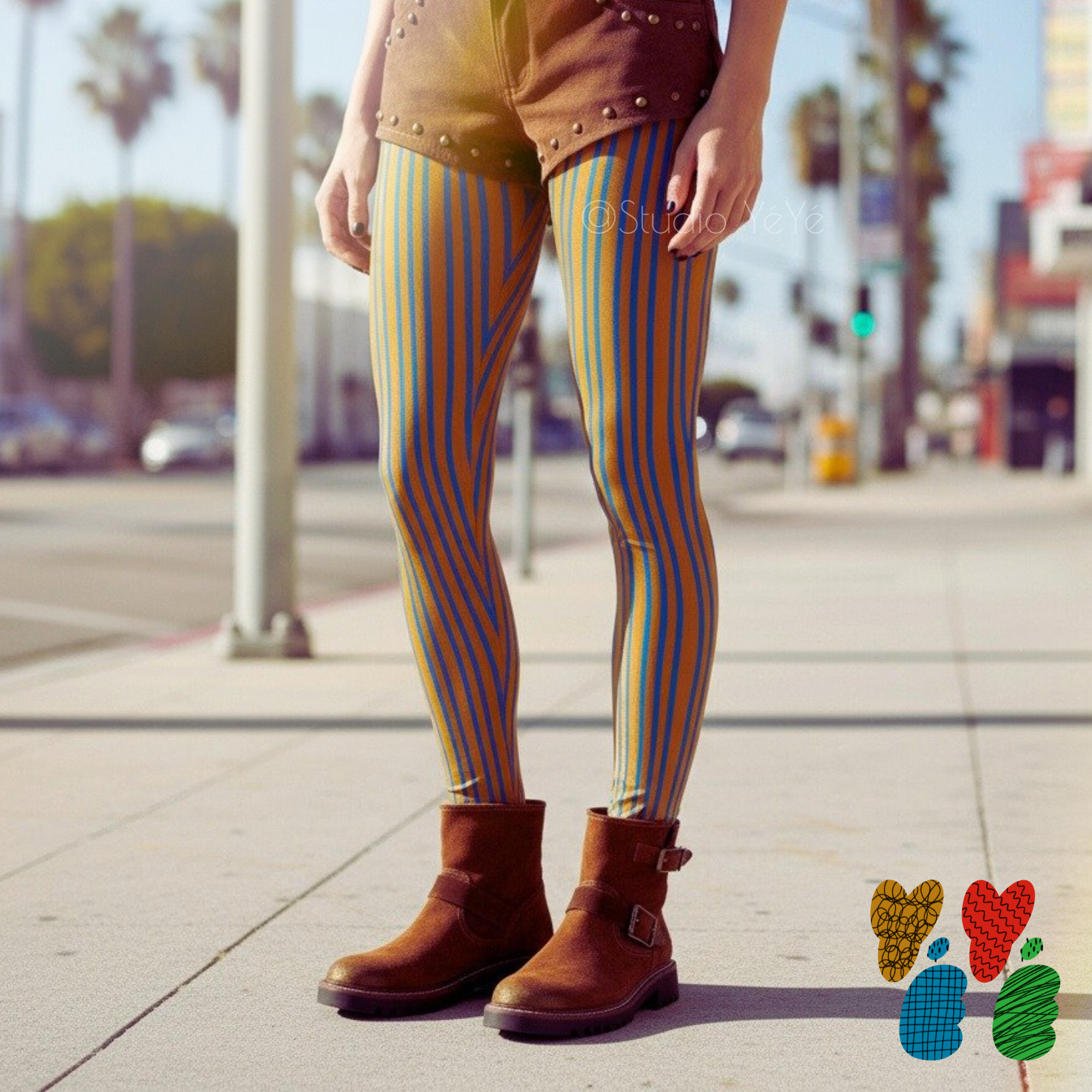 A woman wearing studio yeye's doodle stripe mustard leggings with suede studs shorts with suede boots, festival outfit vibe