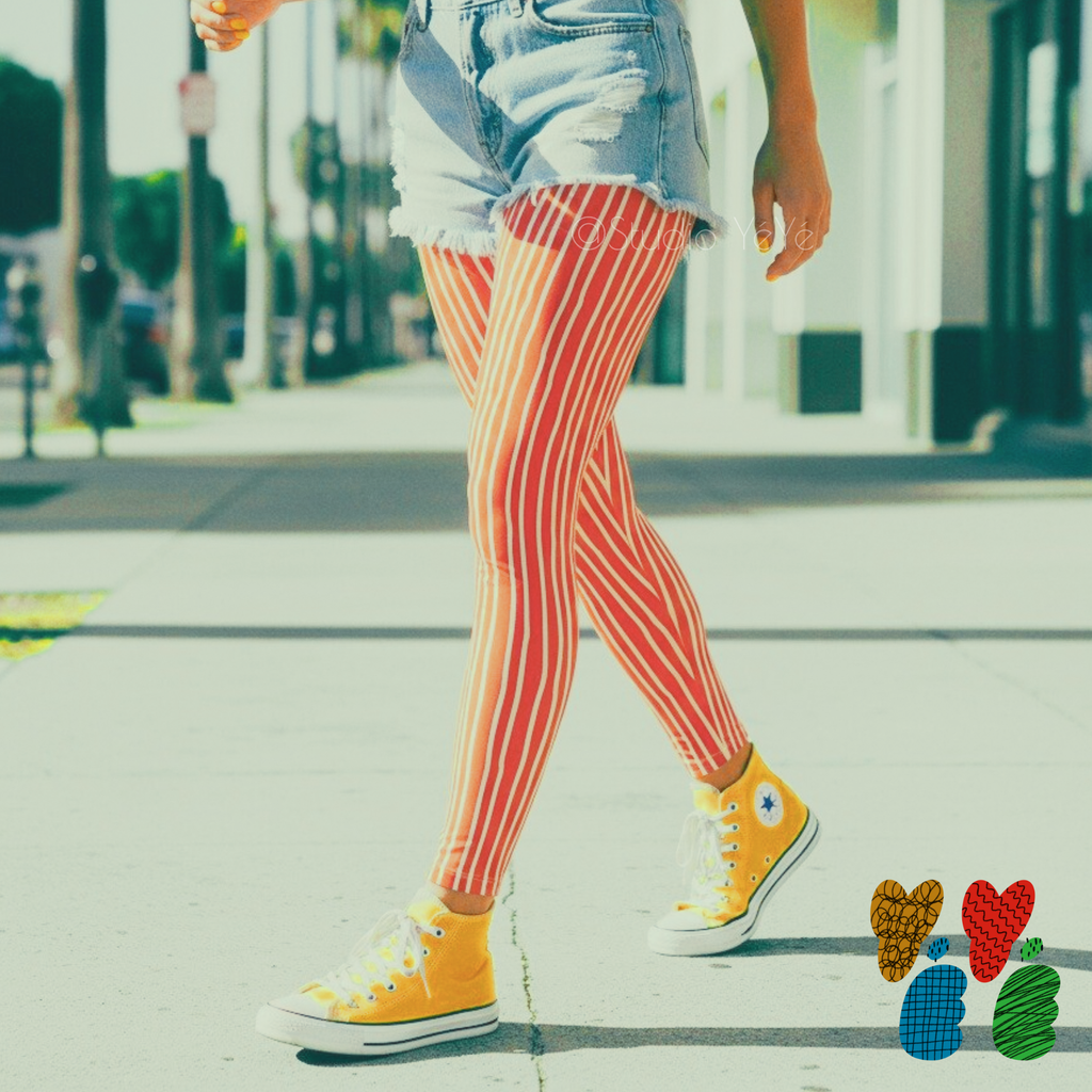 Red and cream hand-drawn doodle stripe leggings by YéYé