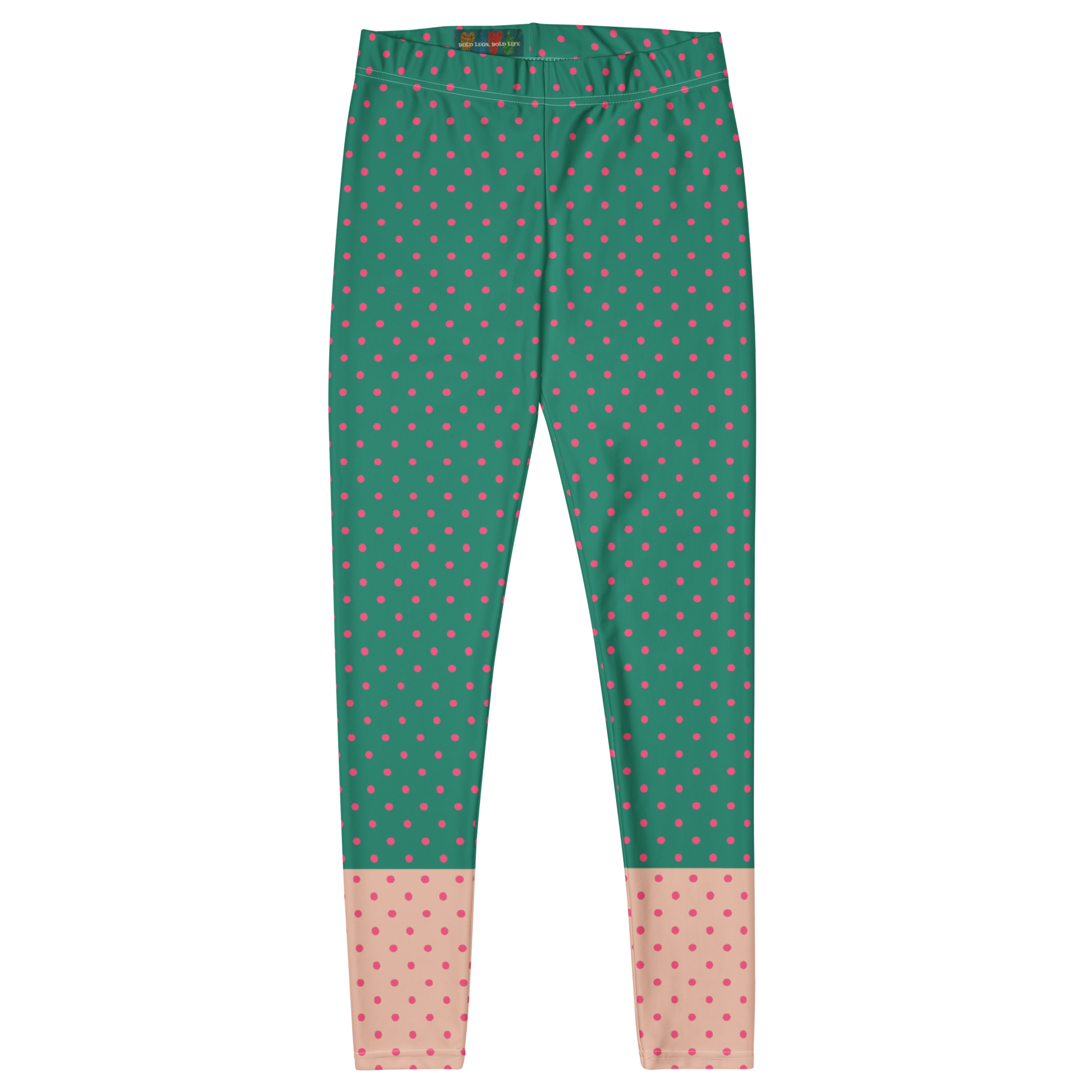 Two-tone teal green and pastel pink polka dot leggings by YéYé