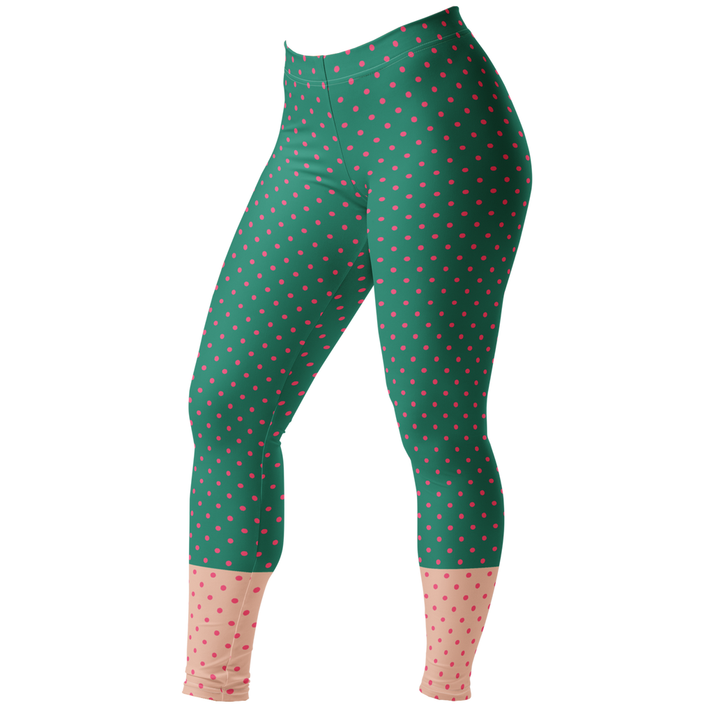 Two-tone teal green and pastel pink polka dot leggings by YéYé