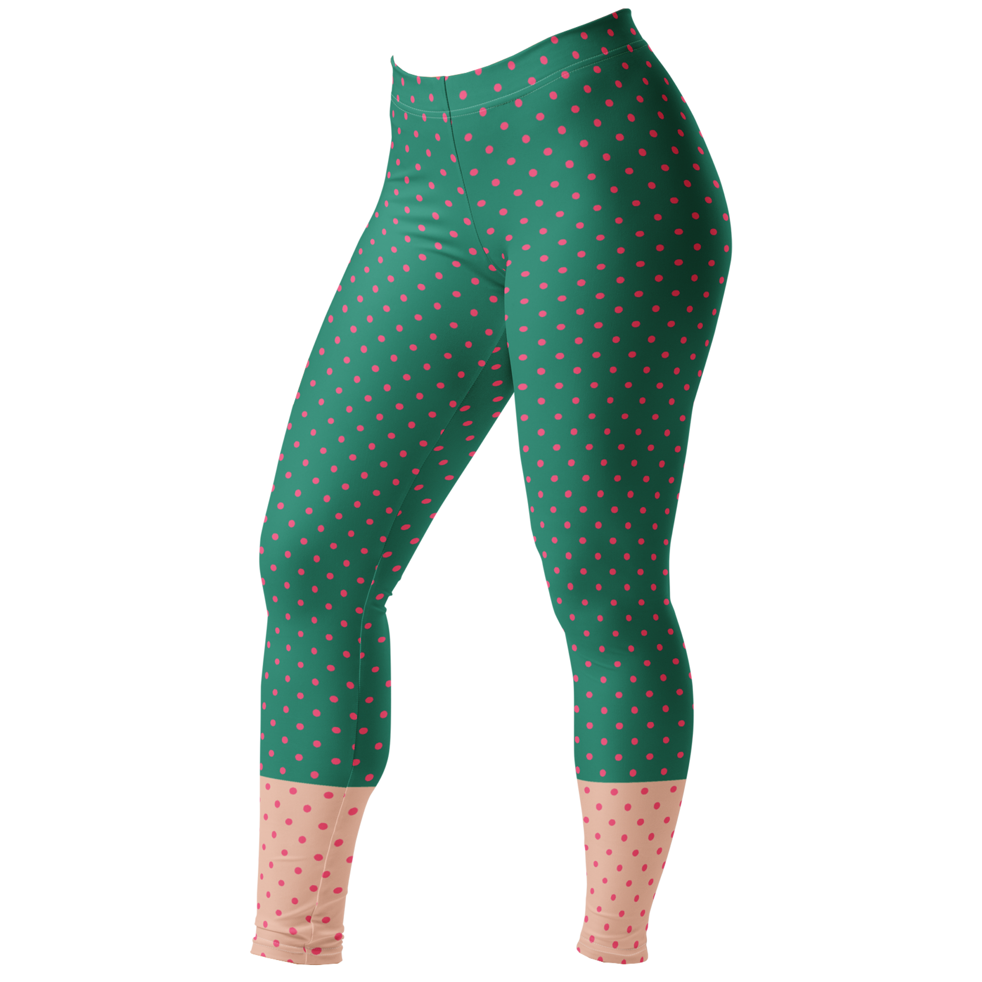 Two-tone teal green and pastel pink polka dot leggings by YéYé
