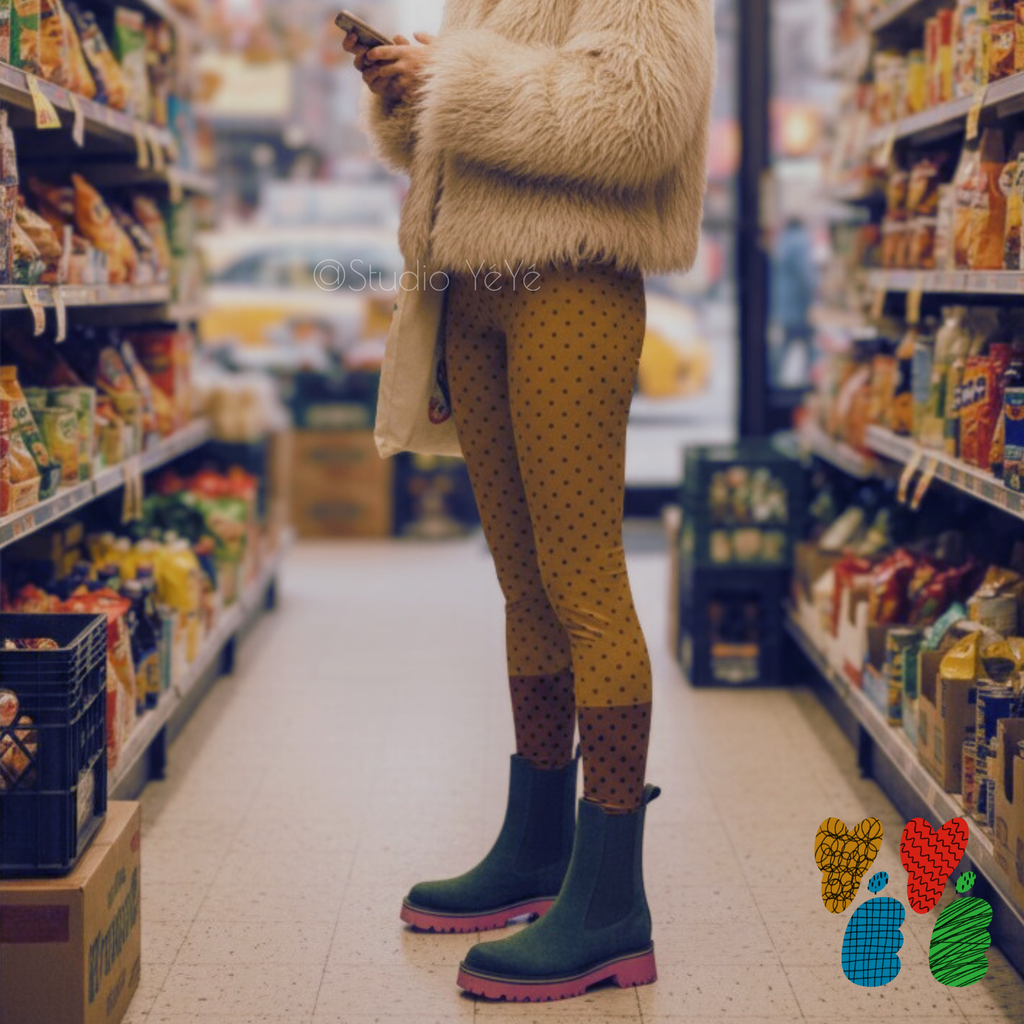 Two-tone mustard and brown polka dot leggings by YéYé, styled with a cream faux fur jacket and dark green chelsea boots in a convenience store