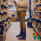 Two-tone mustard and brown polka dot leggings by YéYé, styled with a cream faux fur jacket and dark green chelsea boots in a convenience store