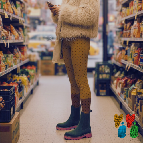 Two-tone mustard and brown polka dot leggings by YéYé, styled with a cream faux fur jacket and dark green chelsea boots in a convenience store