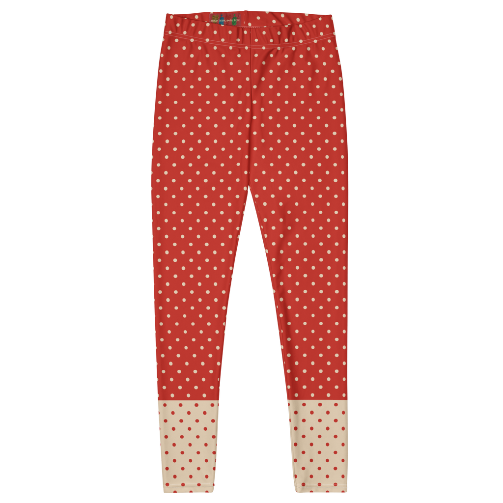 Two-tone red and cream polka dot leggings by YéYé - front flat
