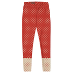 Two-tone red and cream polka dot leggings by YéYé - front flat