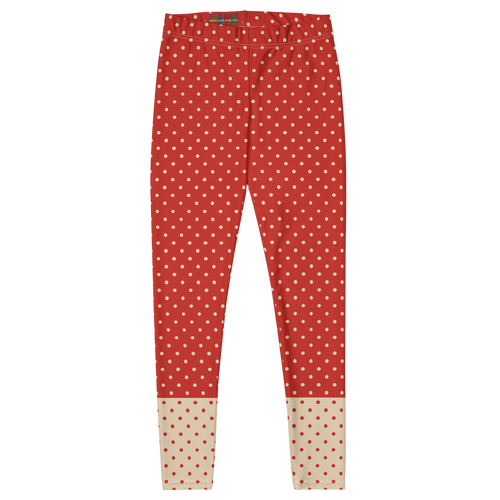 Two-tone red and cream polka dot leggings by YéYé - front flat