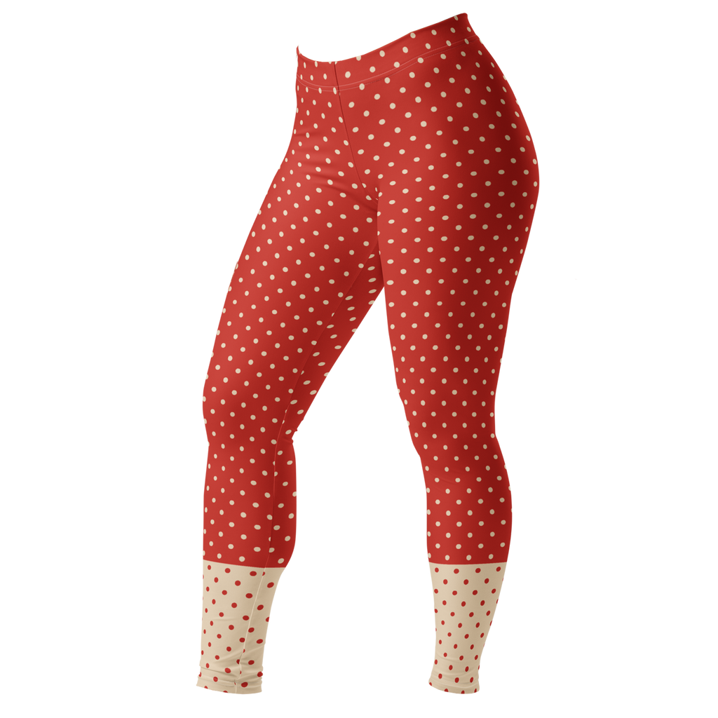 Two-tone red and cream polka dot leggings by YéYé front look