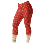 Two-tone red and cream polka dot leggings by YéYé front look