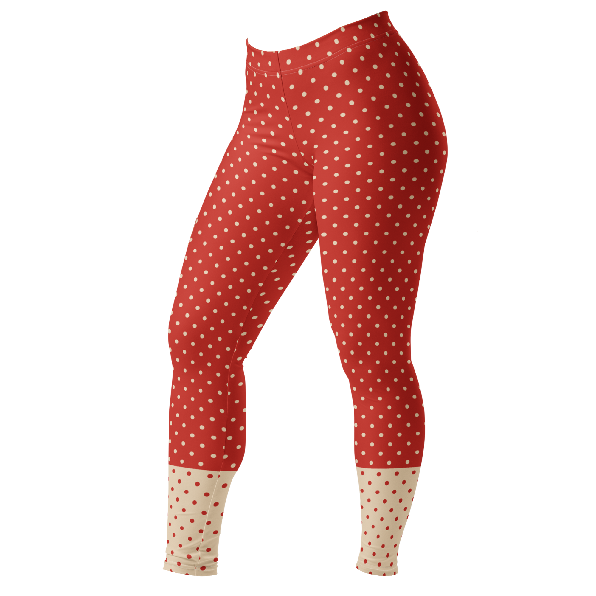 Two-tone red and cream polka dot leggings by YéYé front look