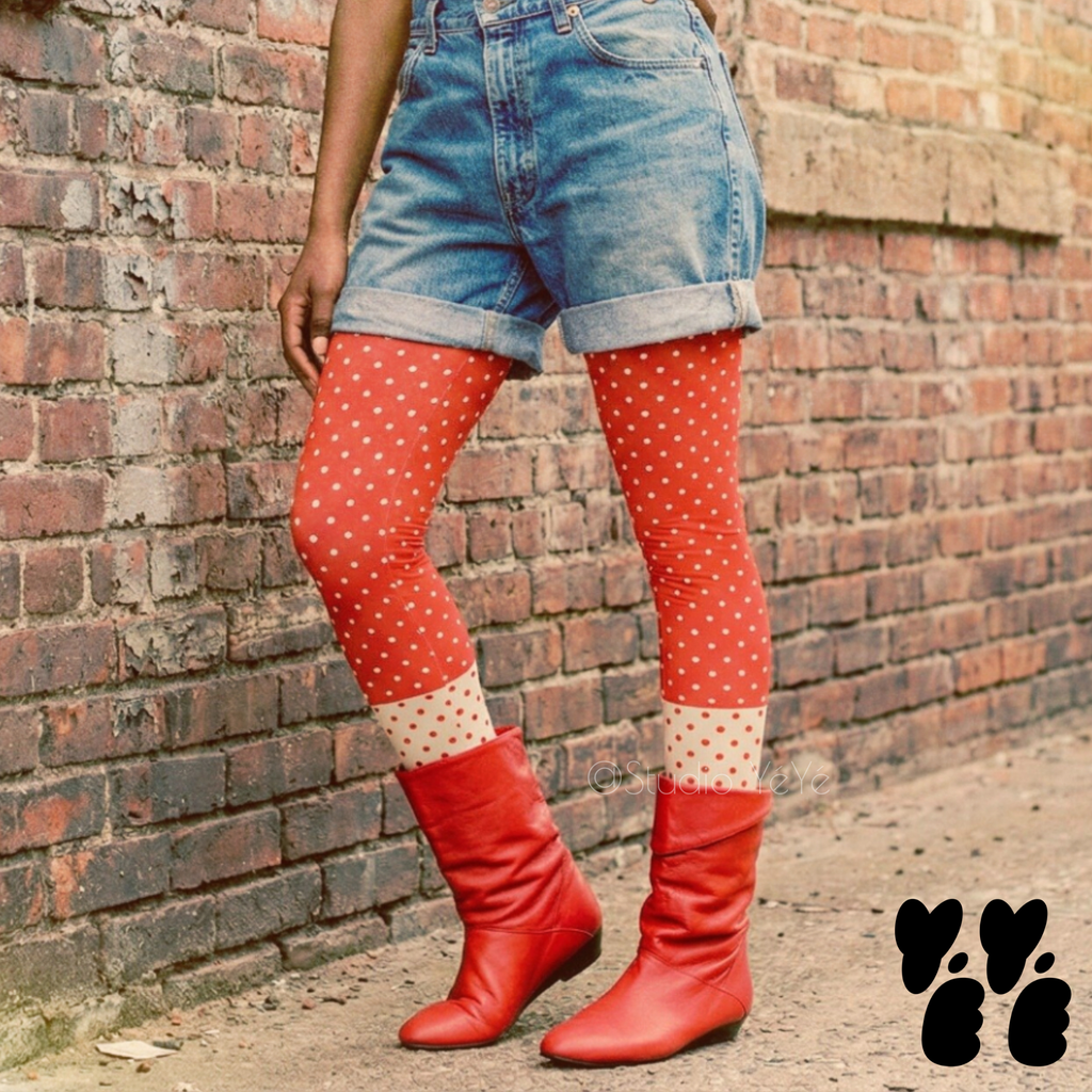 Two-tone red and cream polka dot leggings by YéYé, styled with denim cut-off shorts and red leather slouch boots against a brick wall