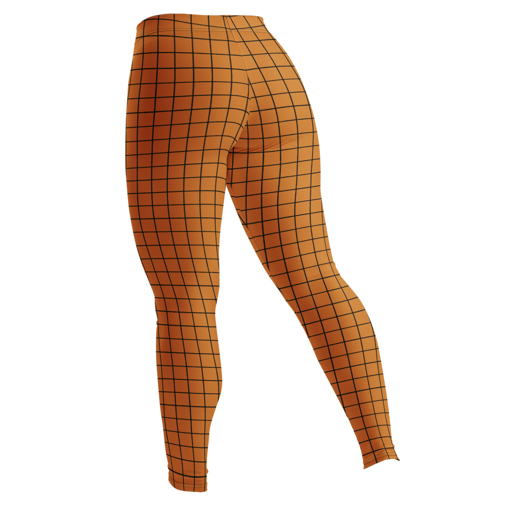 Hand-drawn grid mustard orange leggings with an organic, artistic twist. Recycled materials, UPF 50+, squat-proof.