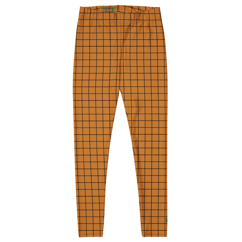 Hand-drawn grid mustard orange leggings with an organic, artistic twist. Recycled materials, UPF 50+, squat-proof.