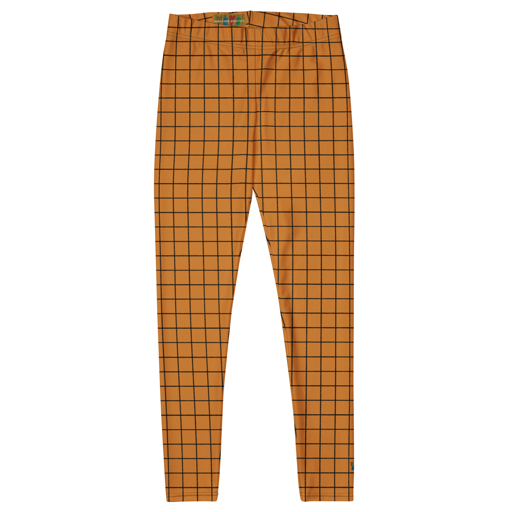 Hand-drawn grid mustard orange leggings with an organic, artistic twist. Recycled materials, UPF 50+, squat-proof.