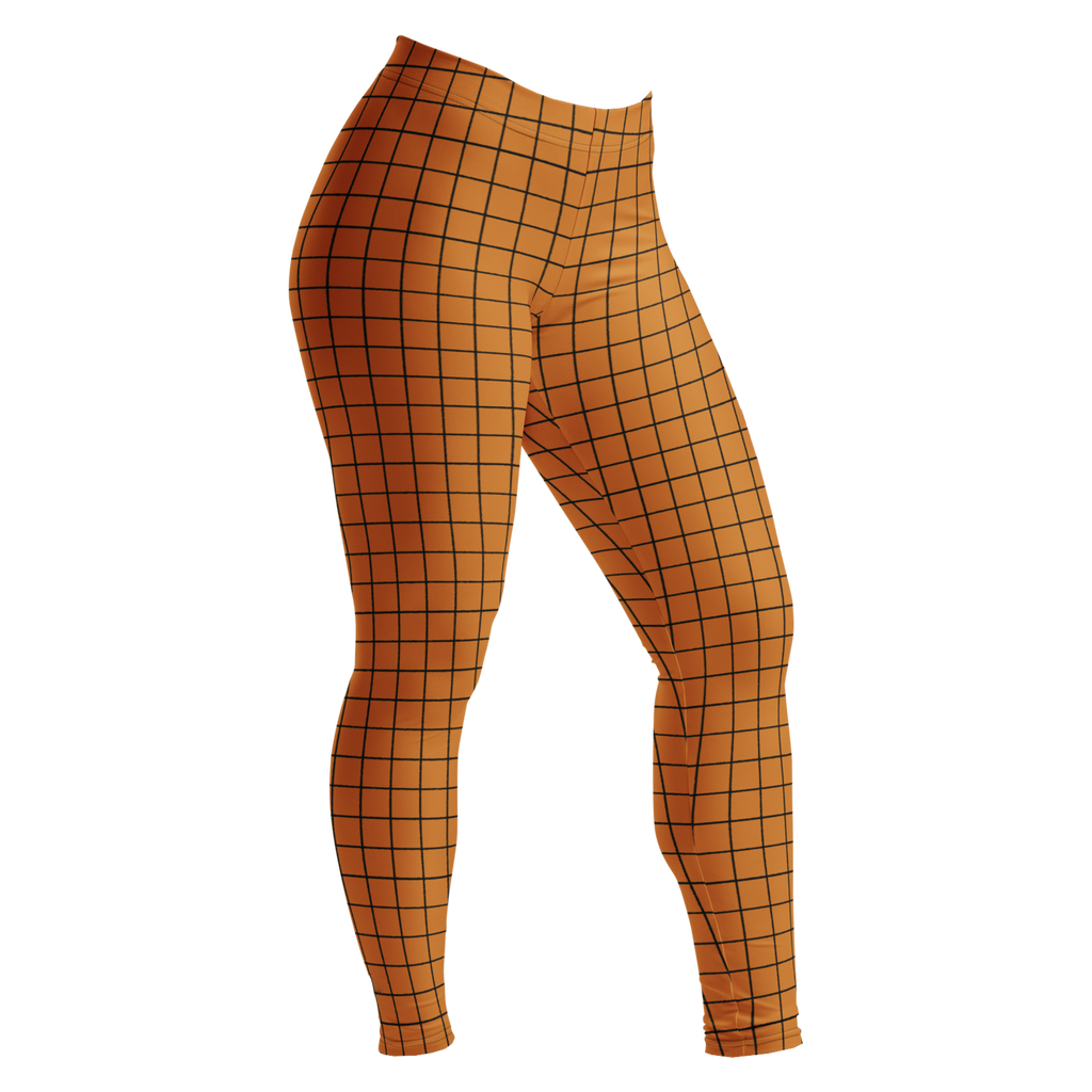 Hand-drawn grid mustard orange leggings with an organic, artistic twist. Recycled materials, UPF 50+, squat-proof.