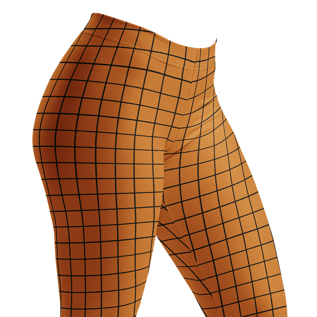 Hand-drawn grid dark mustard leggings with an organic, artistic twist. Recycled materials, UPF 50+, squat-proof.