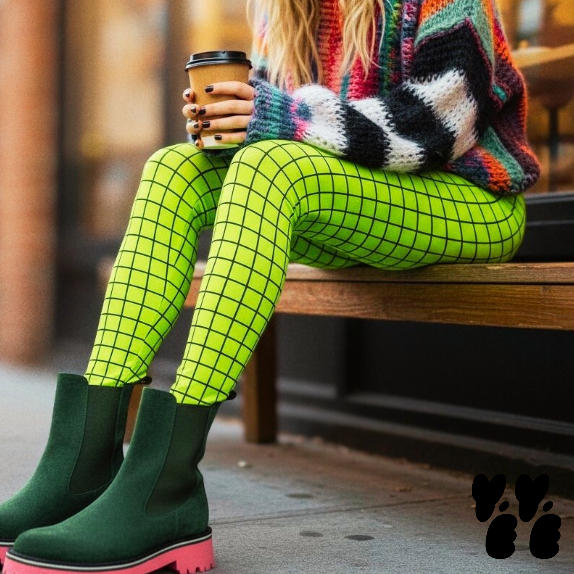 Neon yellow-yellow hand-drawn grid leggings by YéYé, styled with a multicolor zigzag knit sweater and dark green chelsea boots with pink soles