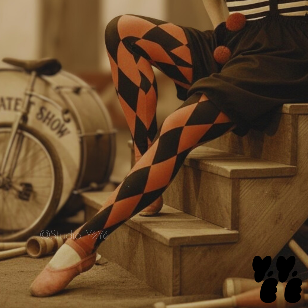 Burnt orange and black harlequin diamond leggings by YéYé, flat lay product shot