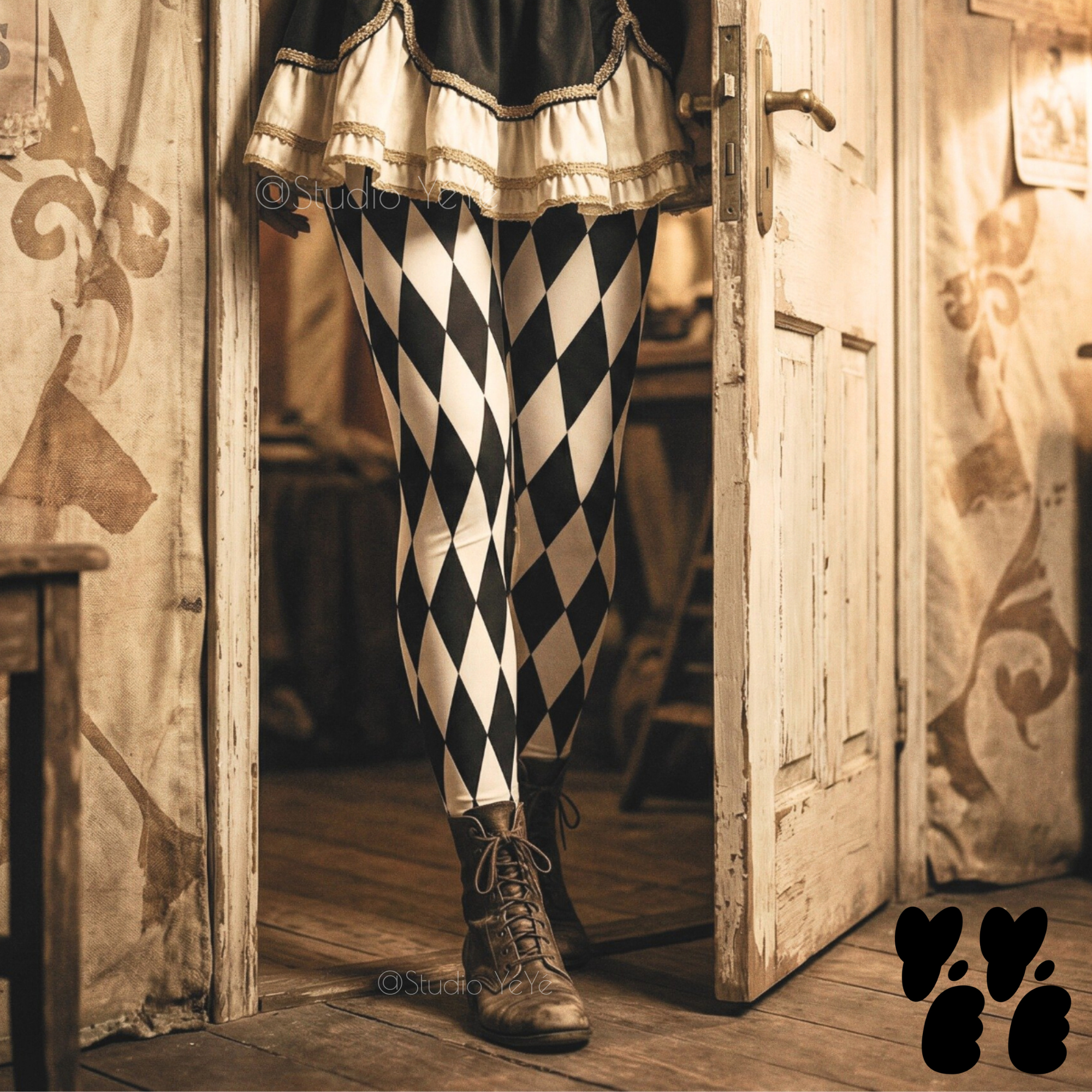 vintage white and black harlequin diamond leggings by YéYé at circus backstage 
