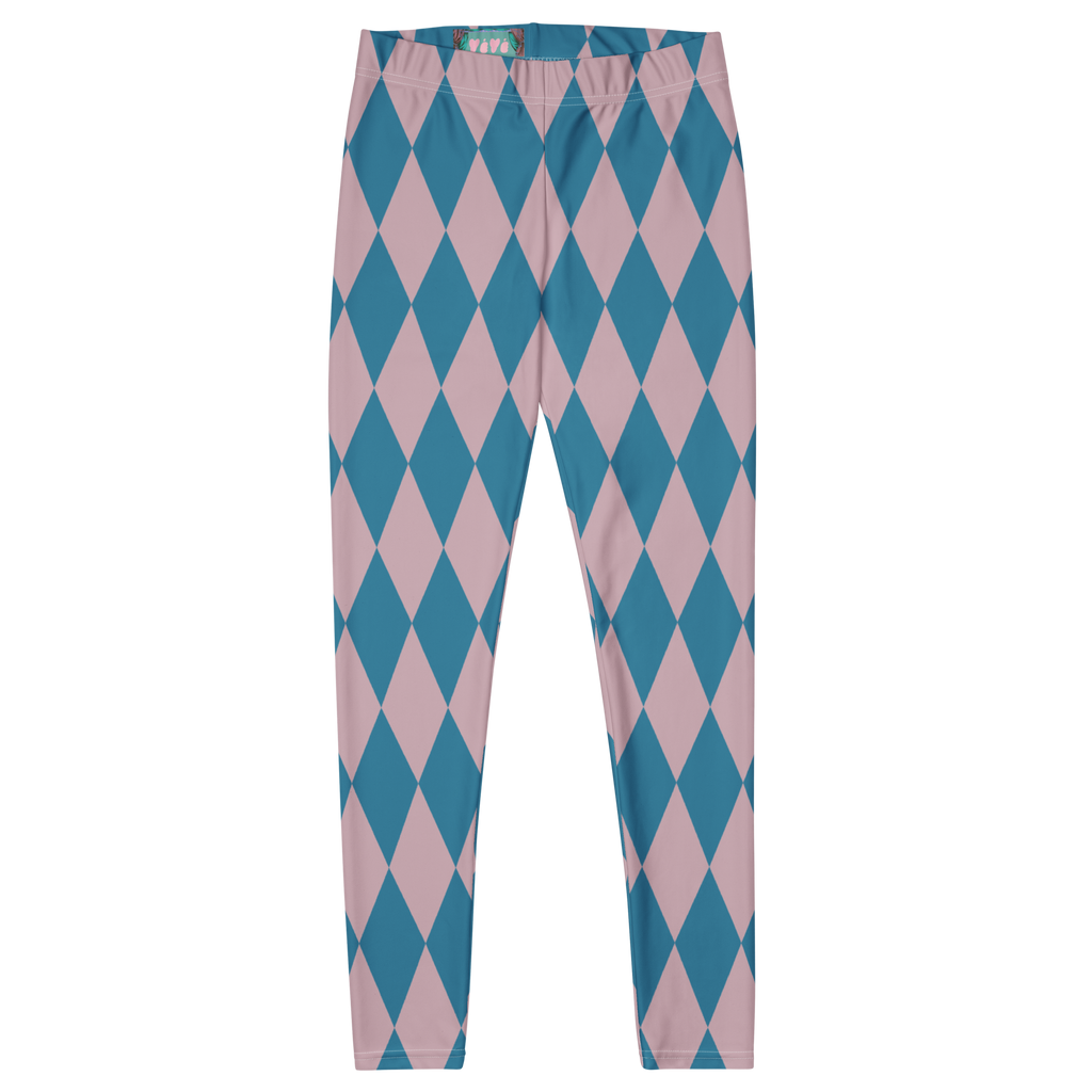 Pastel blue and pink harlequin diamond leggings by YéYé, styled with a blue pleated tutu skirt and metallic teal pointed flats