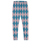 Pastel blue and pink harlequin diamond leggings by YéYé, styled with a blue pleated tutu skirt and metallic teal pointed flats