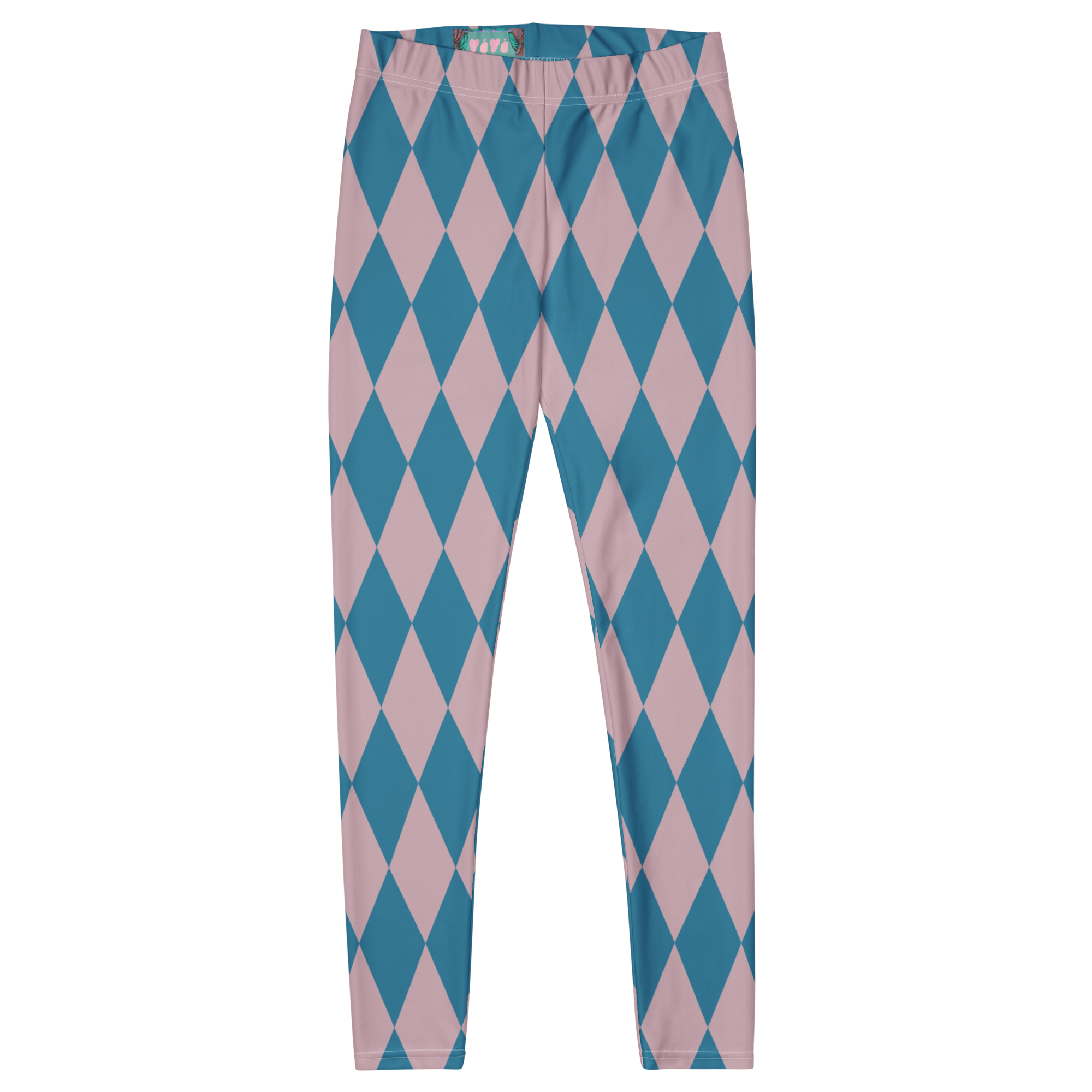 Pastel blue and pink harlequin diamond leggings by YéYé, styled with a blue pleated tutu skirt and metallic teal pointed flats