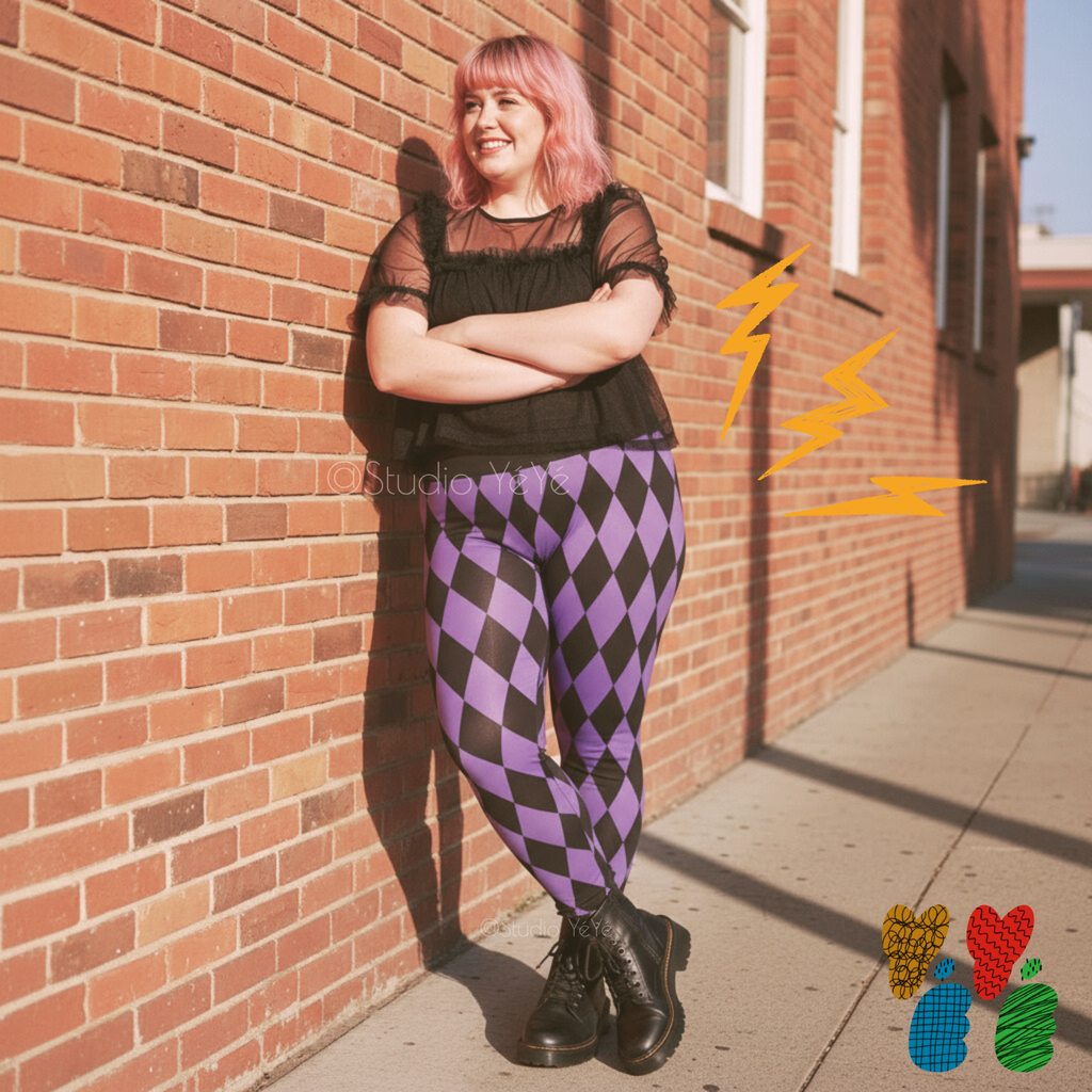 A plus sized female model wears 2XL harlequin diamond legging in purple and black