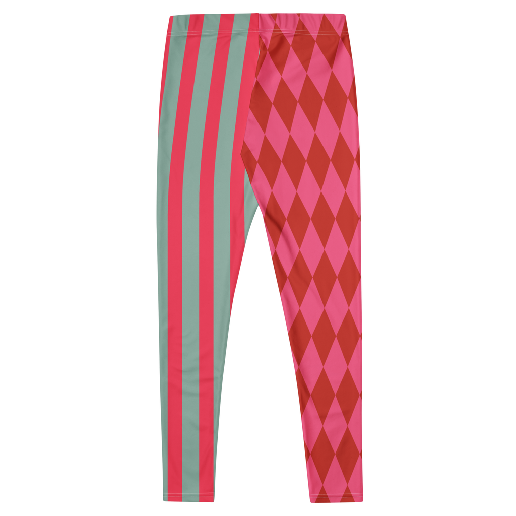 Pink and red harlequin jester leggings by YéYé with mismatched stripe and diamond pattern