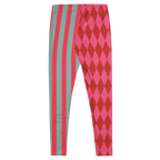 Pink and red harlequin jester leggings by YéYé with mismatched stripe and diamond pattern