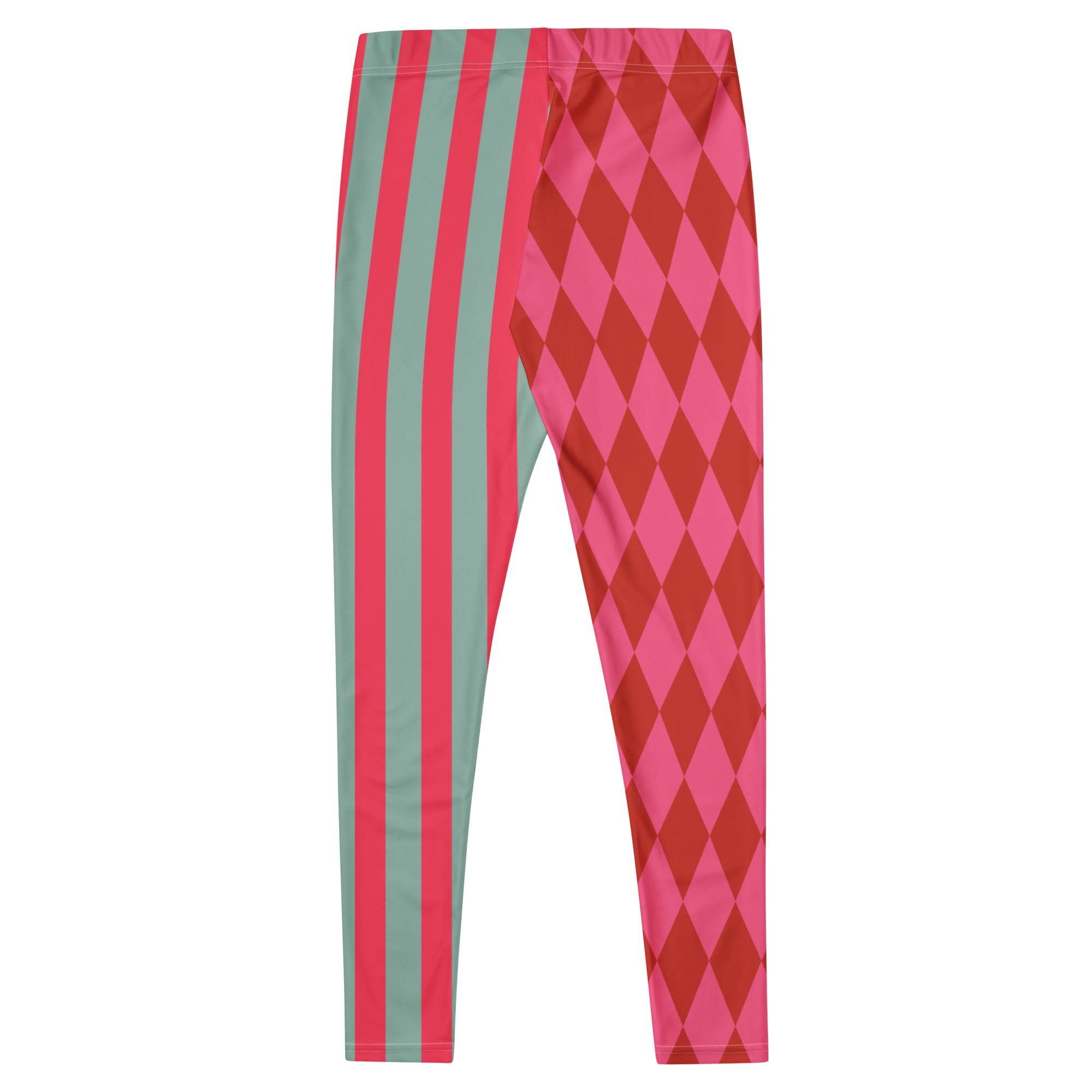 Pink and red harlequin jester leggings by YéYé with mismatched stripe and diamond pattern