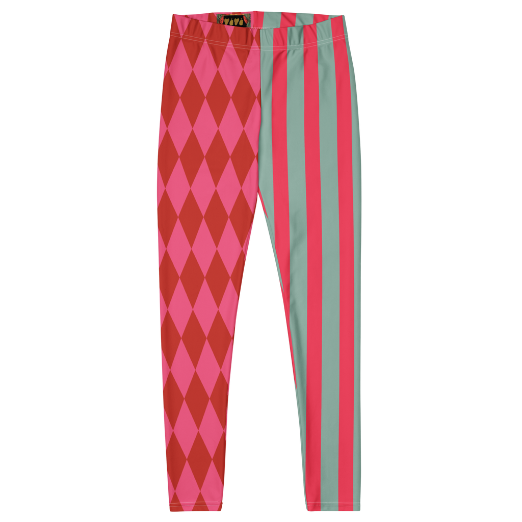 Pink and red harlequin jester leggings by YéYé with mismatched stripe and diamond pattern