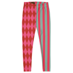 Pink and red harlequin jester leggings by YéYé with mismatched stripe and diamond pattern